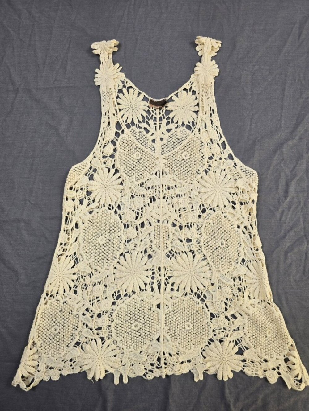 Crochet Lace Sleeveless Top Floral Pattern Ivory Boho Womens Small Medium